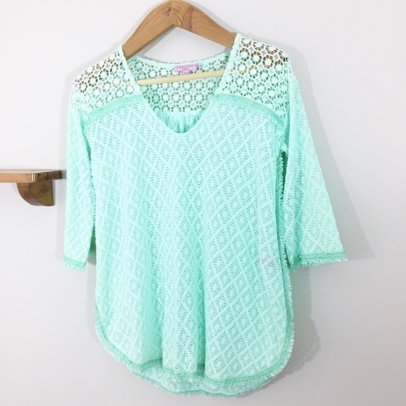 Calypso‎ St. Barth Mint Aqua Fringe Crochet Shirt - Picture 2 of 8